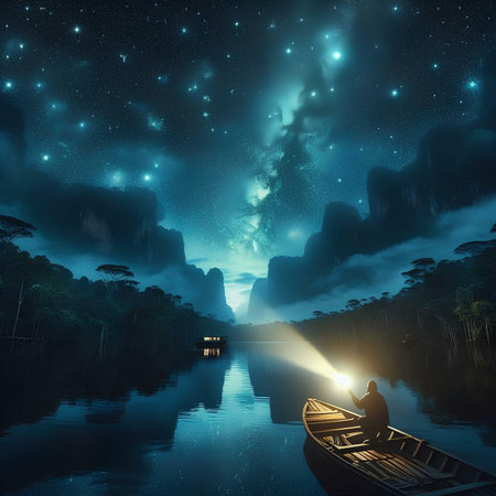 Fantasy landscape with a man in a boat and the Milky Way.の素材