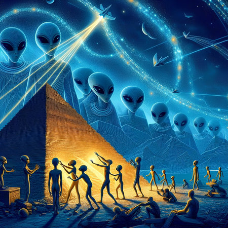 3d illustration of a group of people watching the pyramids in spaceの素材