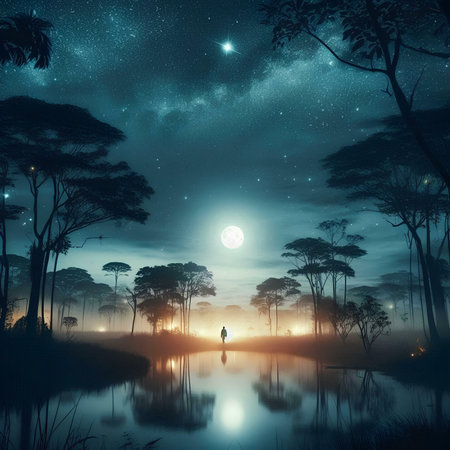 Woman standing on the edge of a swamp at night with full moonの素材