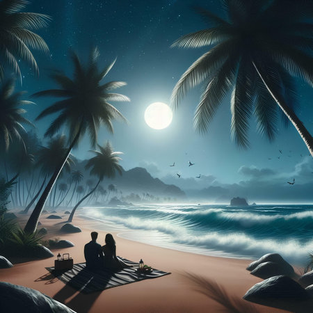 Couple sitting on the beach in the moonlight. 3D renderingの素材