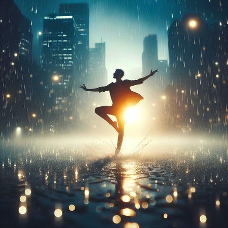 Silhouette of a woman dancing in the rain. Night city backgroundの素材