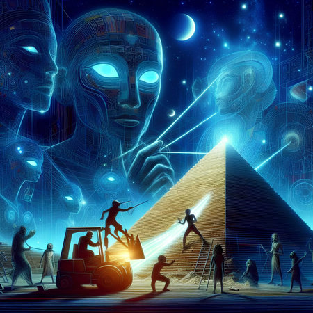 Futuristic digital illustration of a group of people working in front of a pyramidの素材