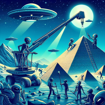 Fantasy scene with alien flying saucer over the pyramid. Fantasy illustration for children.の素材