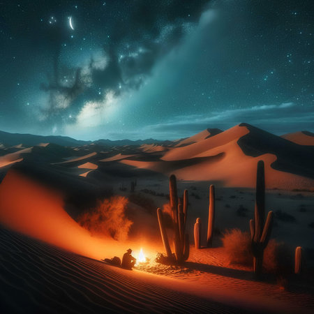 Night landscape with cactuses in the desert. 3d renderの素材