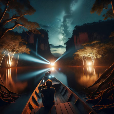 Fantasy landscape with man sitting in a boat at night,3d renderの素材