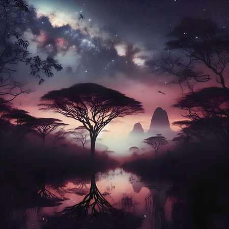 Mystical landscape with acacia trees and the Milky Way.の素材