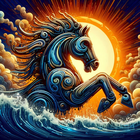 Horse in the sky. Fantasy illustration. Digital art painting.の素材