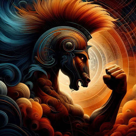 Digital illustration of a Greek god with a horned helmet in a futuristic backgroundの素材