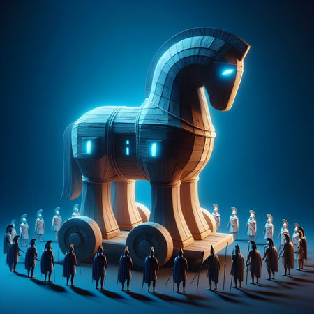 Group of business people standing around wooden horse. 3D rendering.の素材