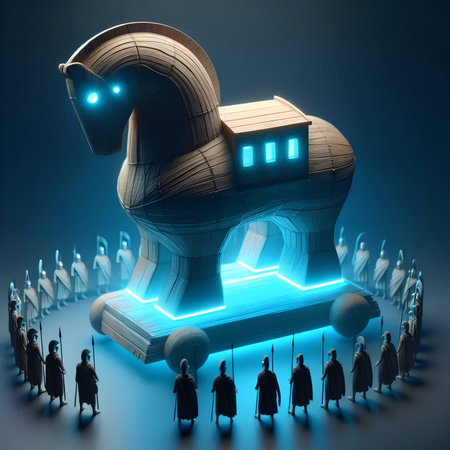 3d rendering of an old wooden horse with people in the backgroundの素材