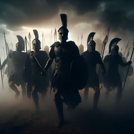 Medieval battle scene with cavalry and infantry. Silhouettes of figures as separate objects, fight between warriors. 3d renderの素材