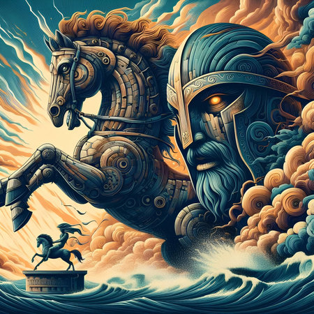 Horseman in helmet and armor on the background of the sea.の素材