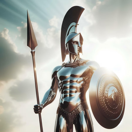 Spartan warrior with spear and shield. 3d illustration.の素材