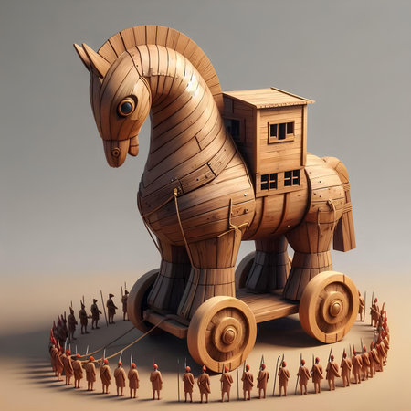 Wooden horse with a cart full of people. 3d renderの素材