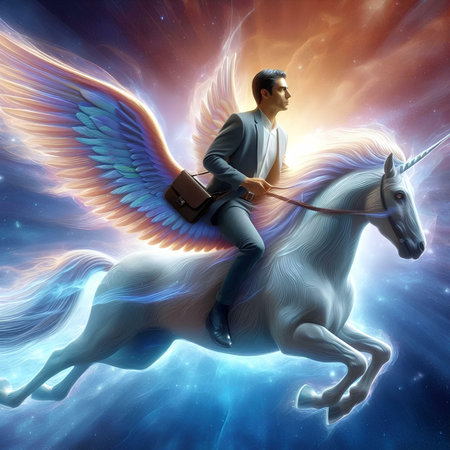 Businessman on a white horse with wings in the rays of lightの素材