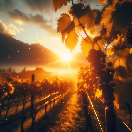 Vineyards in the countryside during sunset. Ripe grapes on vineyards.の素材