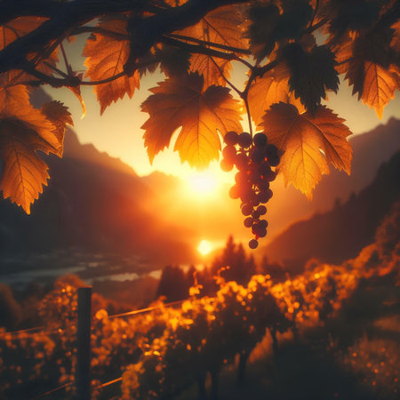 Vineyards at sunset in autumn. Ripe grapes in vineyardの素材