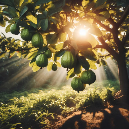 Guava fruits on the tree in the morning light with sun raysの素材