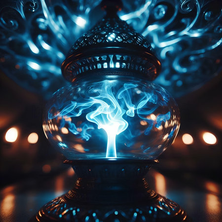 Aroma lamp with blue smoke on a dark background. Close upの素材