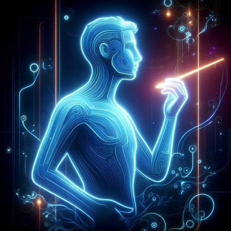 Digital illustration of a male cyborg with a magic wand in his handの素材