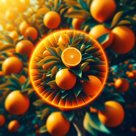 Oranges on the orange tree. Tangerines on the orange tree.の素材