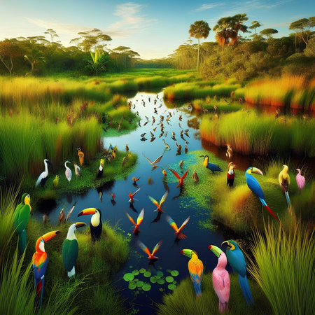 Tropical landscape with birds in a pond. 3d renderの素材