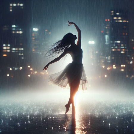 Young beautiful ballerina dancing in the rain over night city backgroundの素材