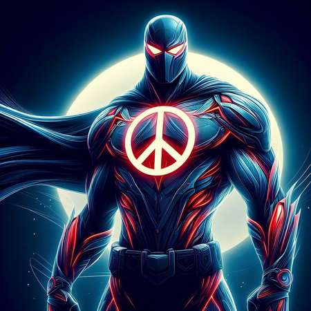 Cyborg with peace symbol in his hands. 3D illustration.の素材