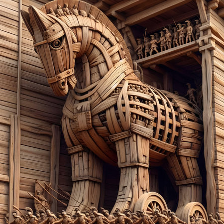 Wooden horse on a background of a wooden house. 3d renderingの素材
