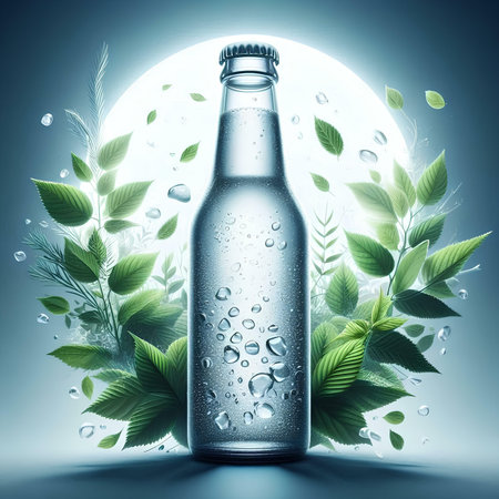 Glass bottle with water and green leaves on dark background, 3d illustrationの素材