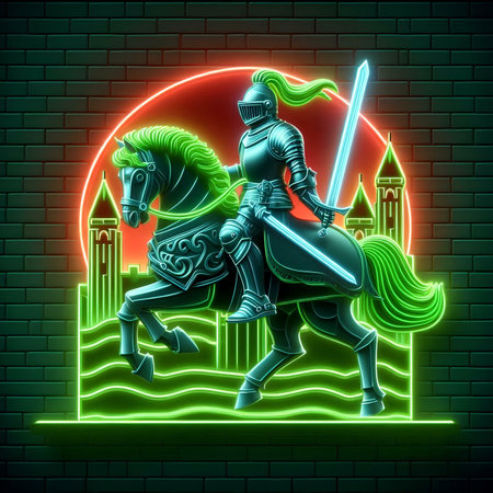 Knight in armor with sword and shield. Vector illustration in neon style.の素材