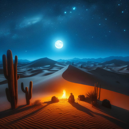 Hiking in the desert at night. 3D Rendering.の素材