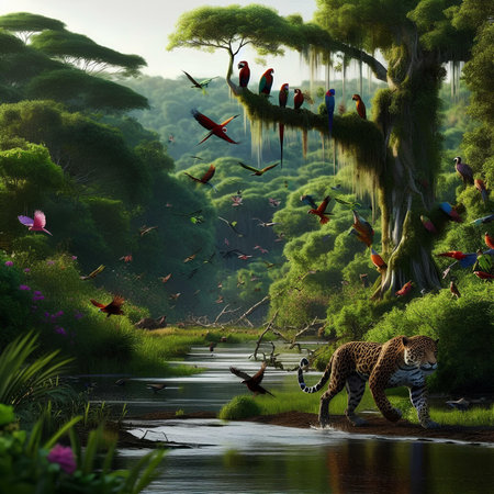 Tropical landscape with wild animals and a river. 3d renderの素材