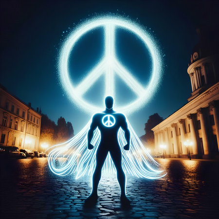 Man with glowing peace symbol on city background. 3D Renderingの素材