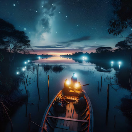 Fisherman in boat on the lake at night with starry skyの素材
