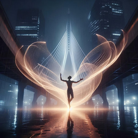 Man jumping over the bridge with glowing lines. 3D Renderingの素材