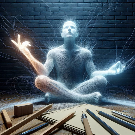 Man meditating in lotus pose with pencils on dark backgroundの素材