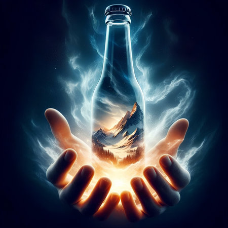 Image of human hand holding glass bottle with nature landscape in the centerの素材