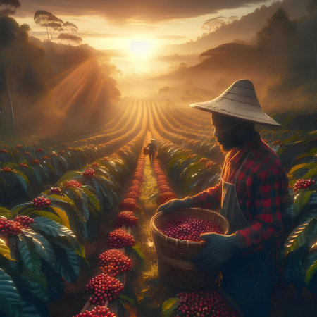 Coffee beans in a basket and a man working in a coffee plantationの素材