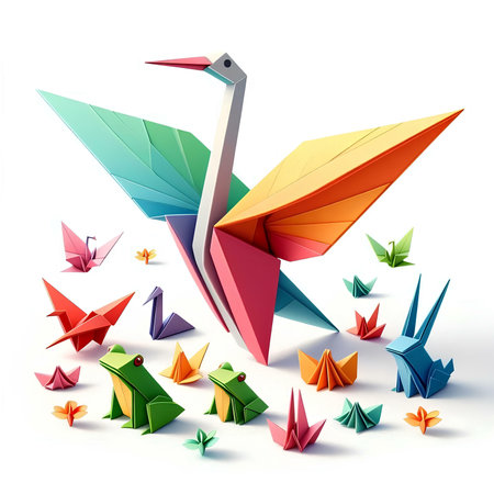 Origami swan with colorful origami paper. Vector illustration.の素材