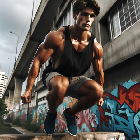 Portrait of a handsome young man with muscular body running in the cityの素材