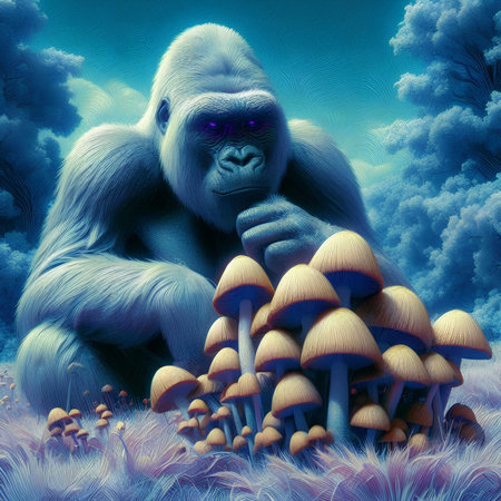 Gorilla with mushrooms in the forest. 3D illustration.の素材