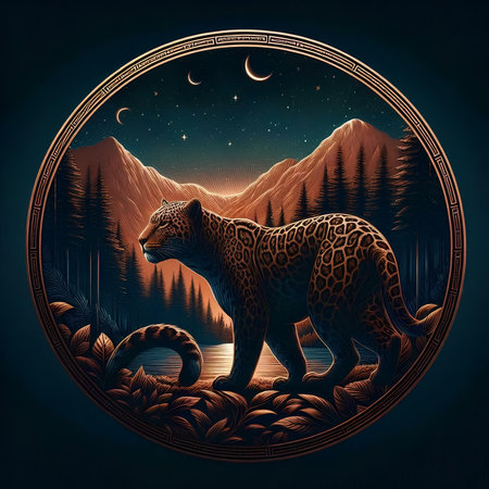 Panther on the background of mountains and the moon. Vector illustration.の素材