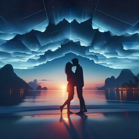 Silhouette of a man and a woman embracing each other against the background of mountainsの素材