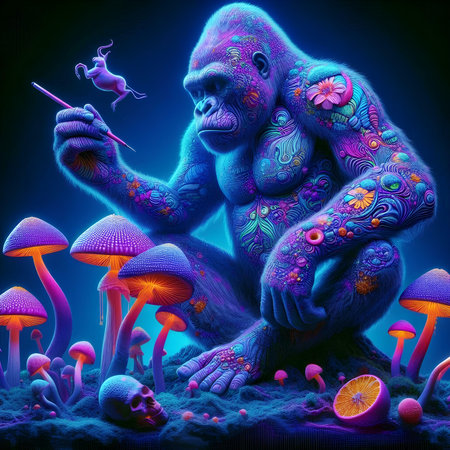 Gorilla with magic mushrooms and mandala. 3d illustrationの素材
