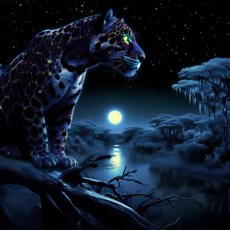 Jaguar in the night forest with full moon. Fantasy illustration.の素材