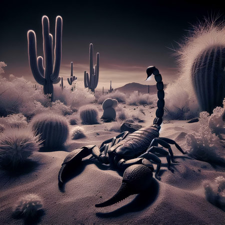 Scorpion in the desert with cacti. 3d renderの素材