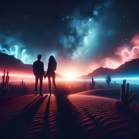 Couple in desert at night. Conceptual image. 3D renderingの素材