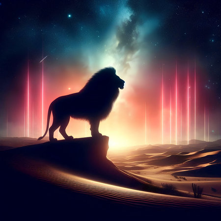 Lion in the desert at night, 3d rendering. computer digital drawingの素材