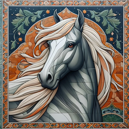 Illustration of the head of a white horse on a colored backgroundの素材